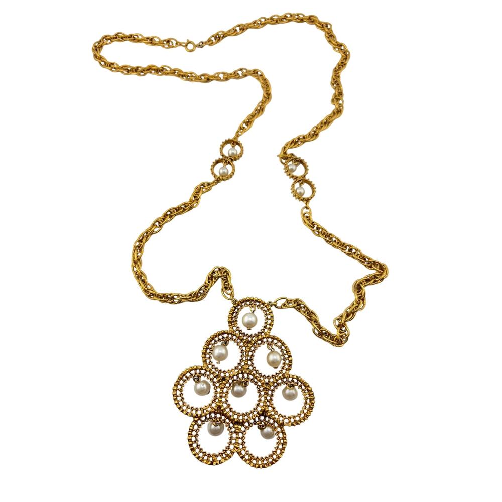 Vintage Gold-Tone Cascading Chandelier Faux Pearl Pendant Necklace